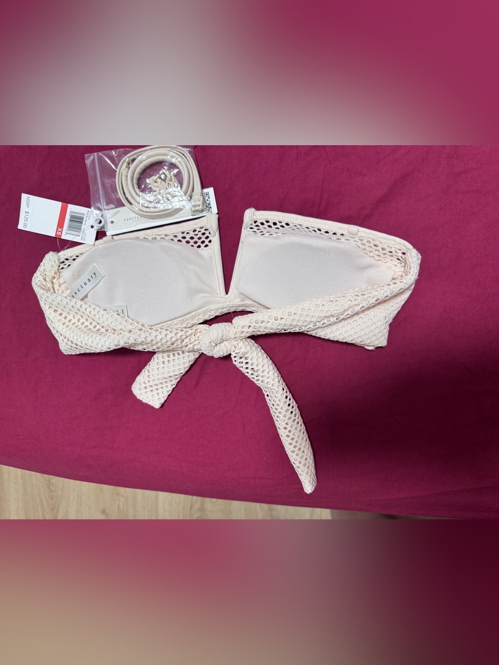 $125 Sanctuary Women's Mesh V-Wire Bandeau Bikini Top Swim White Sand XS NWT - Picture 5 of 7